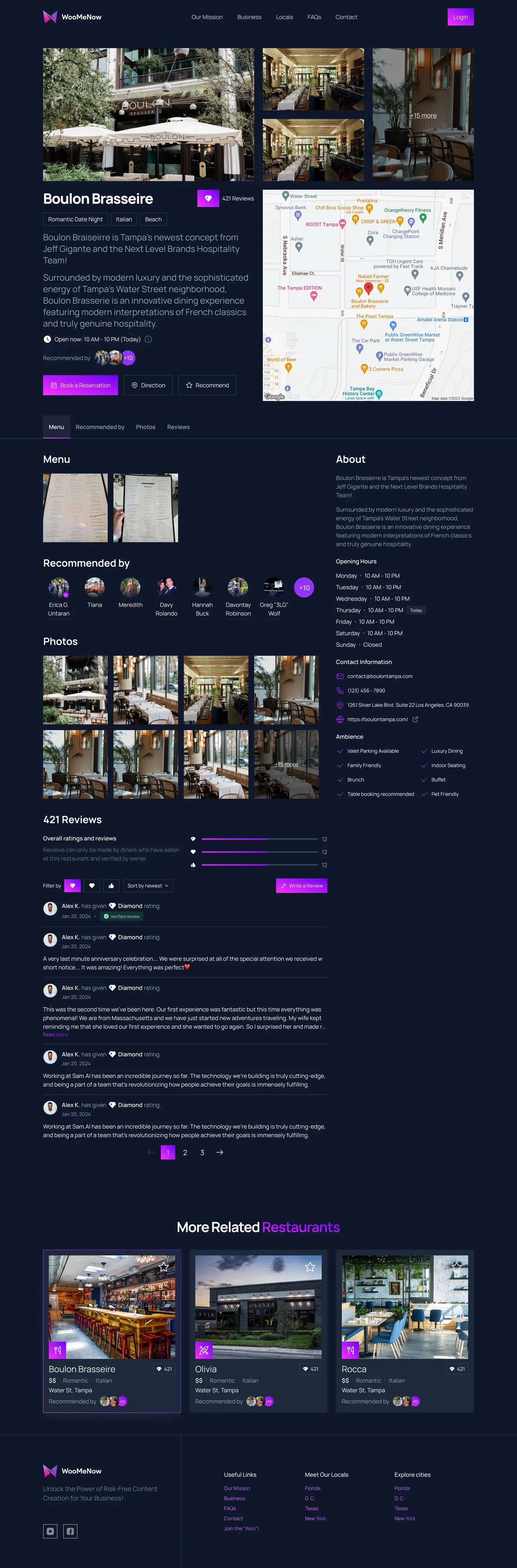 The full WooMeNow restaurant detail page